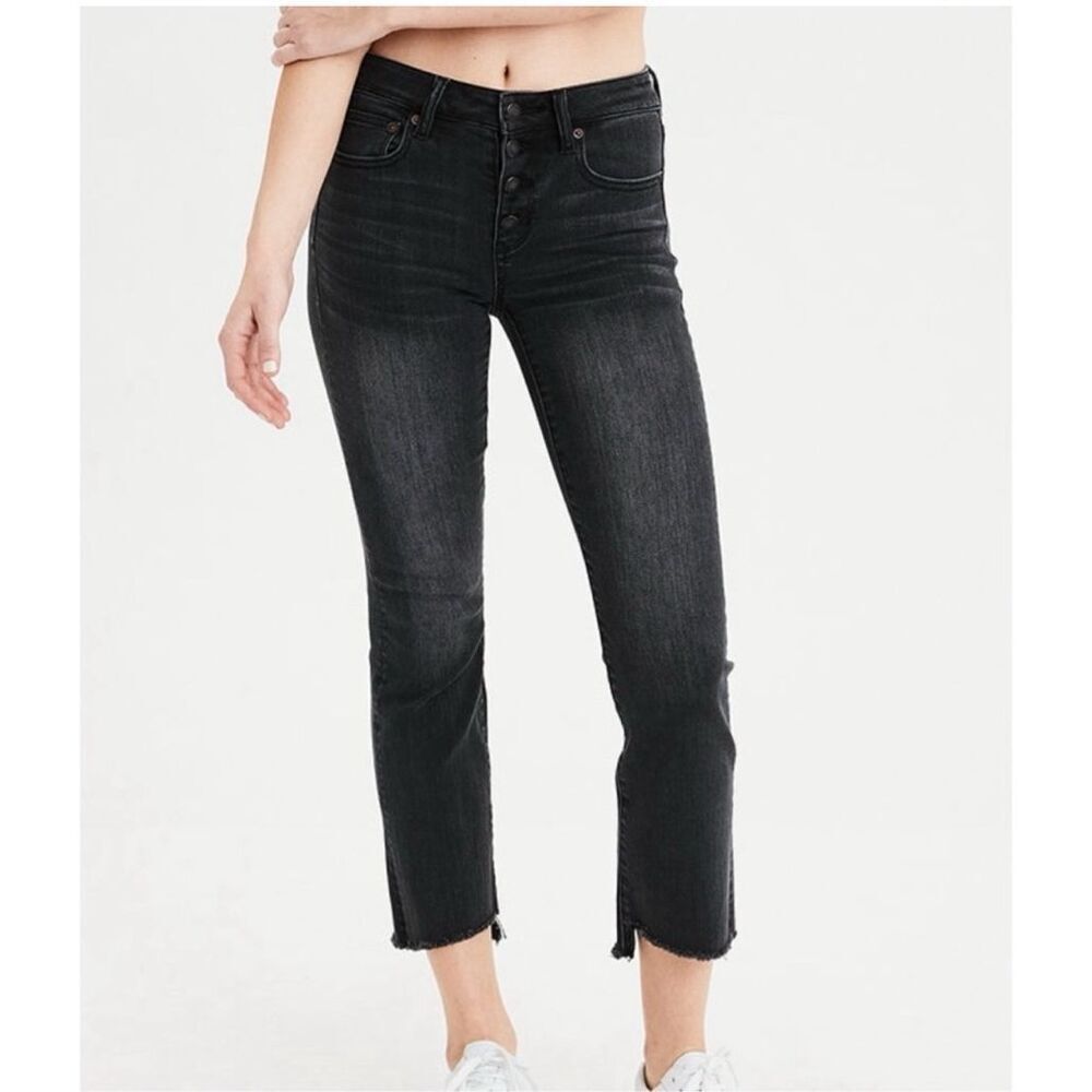 american eagle super stretch super hi-rise crop flare black denim jeans size 0